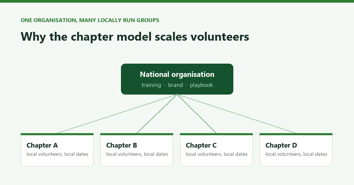 A chapter structure diagram showing a national brand supporting locally-run volunteer groups in different cities.